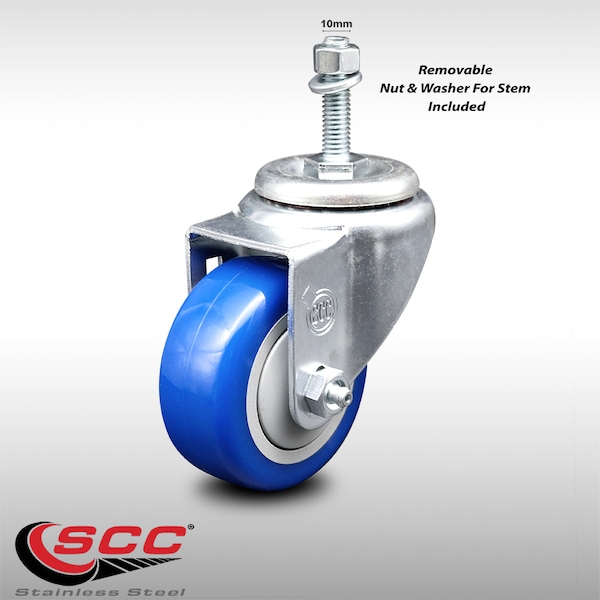 Service Caster 3 Inch SS Blue Polyurethane Wheel Swivel 10mm Threaded Stem Caster SCC SCC-SSTS20S314-PPUB-BLUE-M1015 - main